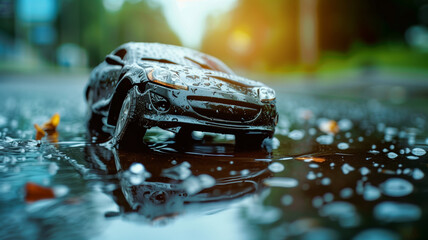 An image of a car affected by flooding on the road illustrates insurance advertisements