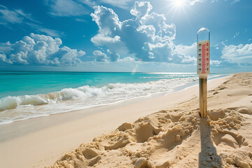 Beach scene with a mercury thermometer showing soaring degrees - obrazy, fototapety, plakaty