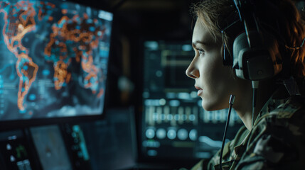 At a remote command facility, a focused female commander wears headphones and reviews intelligence reports on a monitor, orchestrating complex military operations with precision an - obrazy, fototapety, plakaty
