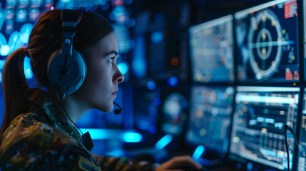 At a remote command facility, a focused female commander wears headphones and reviews intelligence reports on a monitor, orchestrating complex military operations with precision an