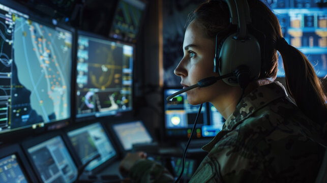 Within a secure command post, a dedicated military woman with a headset sits at a sophisticated control station, directing air and ground operations while monitoring live feeds on