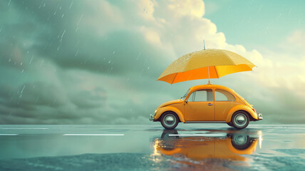 Image of a car model with an umbrella on a rain-soaked road. For advertising the insurance business 3