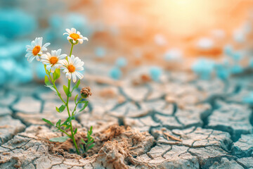 dried landscape with a flower, climate change and crisis, emergency, global warming of the earth, greenhouse gases