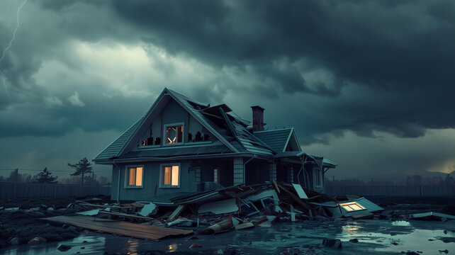Image of a house destroyed by a storm For use in advertising home insurance 1