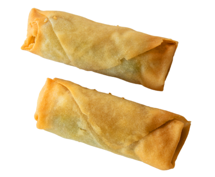 Two spring rolls isolated on transparent background. Top view close up image.