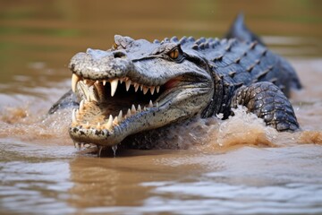 Fototapeta premium Crocodile stealthily approaching its prey in the water.