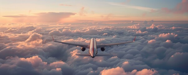 Airplane soaring above the clouds during sunset. - obrazy, fototapety, plakaty