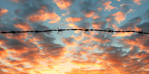 Barbed wire fence at twilight symbolizing failed world war boundaries human rights violations with fearsome background - obrazy, fototapety, plakaty