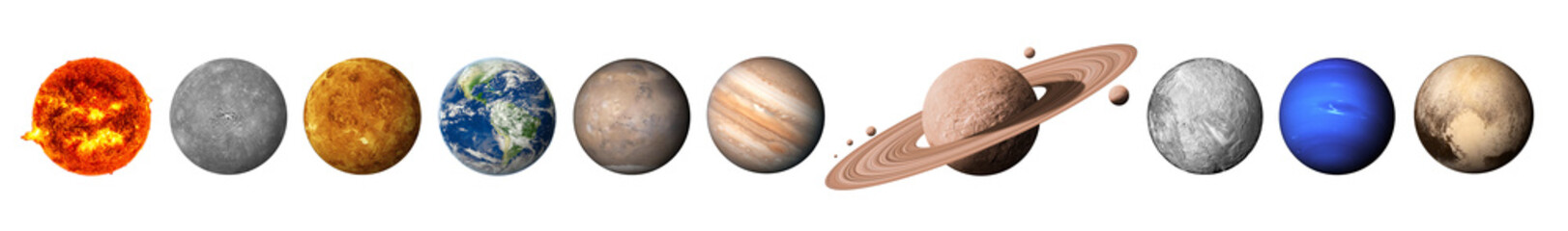 The solar system consists of the Sun, Mercury, Venus, Earth, Mars, Jupiter, Saturn, Uranut, Neptune, Pluto. isolated with clipping path on white background.Elements of this image furnished by NASA