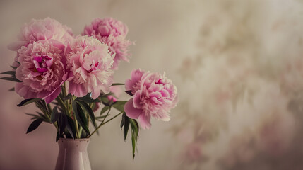 A beige canvas with a blurred effect, and in the foreground peonies in various shades of pink arranged in a vase. 