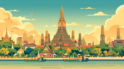 Naklejka premium copy space, simple vector illustration, handdrawn cartoon style, Wat Arun temple in Bankkok, beautiful design for tourist poster, tourism publicity. Must-see tourist attraction. Famous touristic spot 