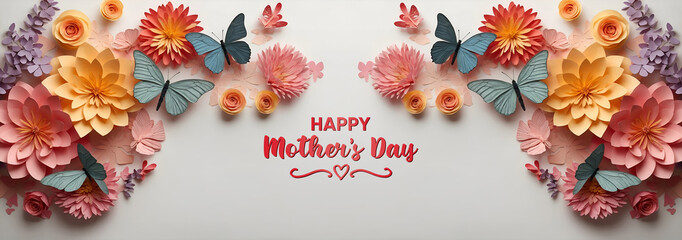 Happy mother's day background with colorful flowers and butterflies. Abstract mothers day design for holidays.