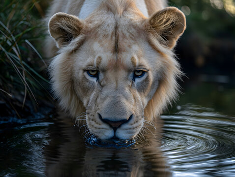 Majestic White Lion Quenching Thirst at Waterhole in Natural Habitat