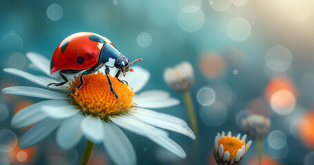 Macro Shot of Ladybug on a White Daisy Against a Blue Background