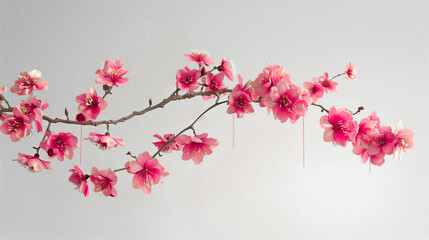 A branch full of flowers hanging on a subtle thread in front of a light background