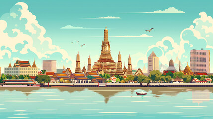 Obraz premium copy space, simple vector illustration, handdrawn cartoon style, Wat Arun temple in Bankkok, beautiful design for tourist poster, tourism publicity. Must-see tourist attraction. Famous touristic spot 