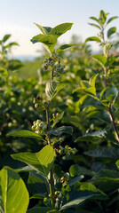 Obraz premium Sun-kissed Blueberries on the Bush in Golden Hour Light