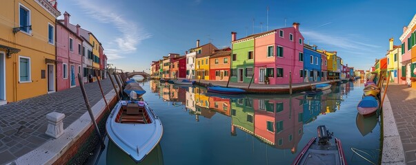 Fototapeta na wymiar A panoramic view capturing the vividly colored houses lining the tranquil canals. reflecting the Italian island's charm.