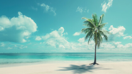 Fototapeta na wymiar Serene Tropical Beach with a Lone Palm Tree and Azure Waters