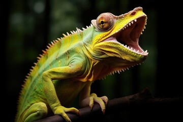 Obraz premium A chameleon extending its tongue to catch an insect.