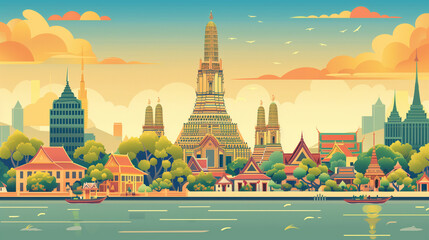 Obraz premium copy space, simple vector illustration, handdrawn cartoon style, Wat Arun temple in Bankkok, beautiful design for tourist poster, tourism publicity. Must-see tourist attraction. Famous touristic spot 