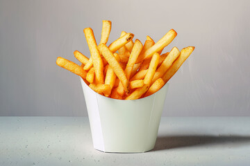 Appetizing French fries, neatly packed in a white wrapper, against a gray concrete background. Generative AI.