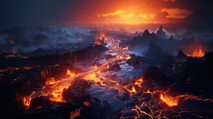 Bird's-eye view of a glowing lava flow during a twilight eruption, highlighting the stark beauty of disaster