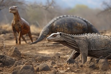 Obraz premium Komodo dragons hunting deer in their habitat.