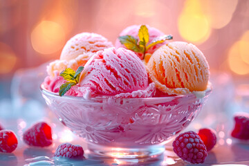 An assortment of fruity ice cream scoops fills a bowl, complemented by vibrant raspberries. The scene is awash with delicate pink tones. Generative AI.