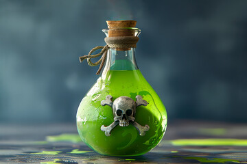 A bottle with a skull on the label contains green liquid, symbolizing danger, poison, or other toxic substances. Generative AI.