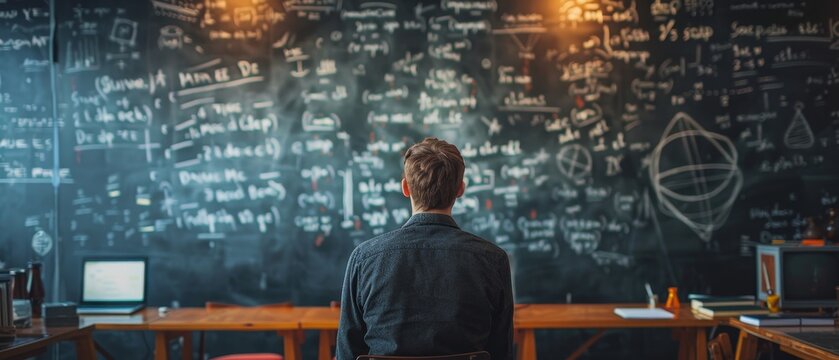 A man is sitting in front of a chalkboard with equations on it