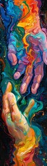 The painting depicts two hands reaching out to each other