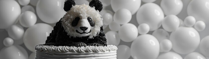 A panda bear is sitting on top of a cake