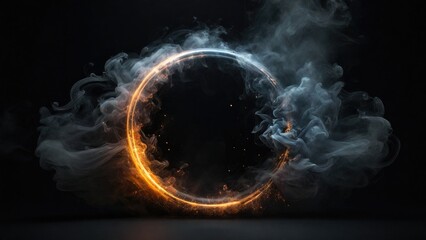 Circular Black Smoke explodes outward, with dramatic smoke or fog effect with a scary Dark background - obrazy, fototapety, plakaty