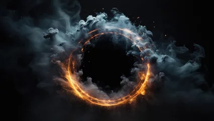 Fotobehang Circular Black Smoke explodes outward, with dramatic smoke or fog effect with a scary Dark background © Reazy Studio