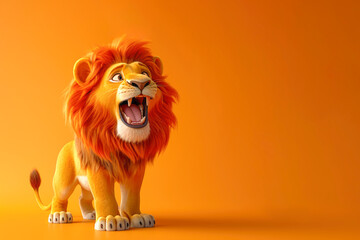 A cute cartoon lion with a playful expression lets out a roar against a vibrant orange background, exuding a sense of fun and whimsy. Generative AI.