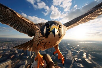 A falcon diving from the sky to catch a bird. - obrazy, fototapety, plakaty