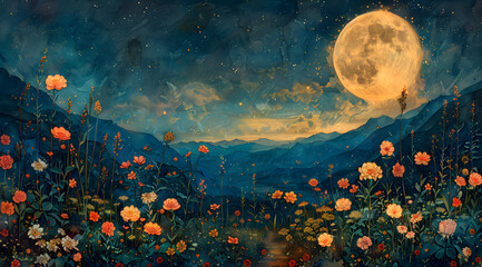Moonlit Elegance: Art Nouveau Watercolor of a Mystical Night Garden