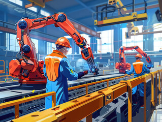 AI Generated image of two men in a blue and orange jumpsuit is working on a robot in a factory. Manufacturing automation