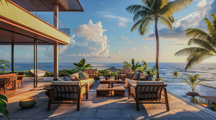 Obraz premium Spacious boho terrace, overlooking the ocean. Perfect for a holiday-themed banner. Holidays, reviews, terrace.