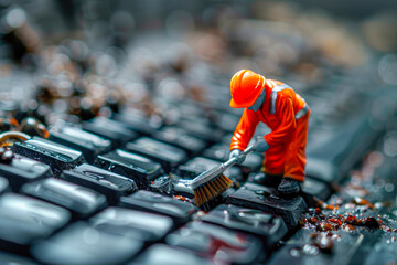 Miniature of a small worker in a uniform cleaning a keyboard with a brush. Concept of keyboard contamination and cleaning. Generative AI.