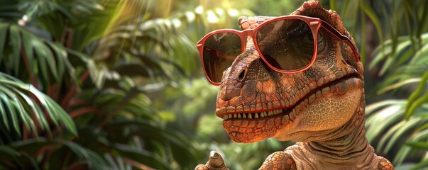 Stylish dinosaur with sunglasses illustration. banner - obrazy, fototapety, plakaty