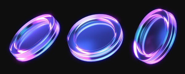 set of glass coins with glowing gradient color. transparent colorful 3d cylinders. 3d rendering illustration of coins. futuristic crystal 3d coins isolated on dark background	