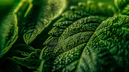 A macro photo of a plant's leaves, showing their natural patterns and textures. 