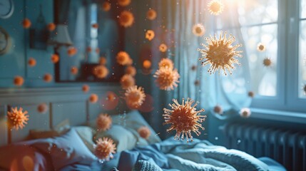 A 3D rendering of a virus floating in a bedroom. - obrazy, fototapety, plakaty