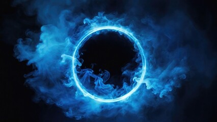 Circular Blue Smoke explodes outward, with dramatic smoke or fog effect with a scary Dark background - obrazy, fototapety, plakaty