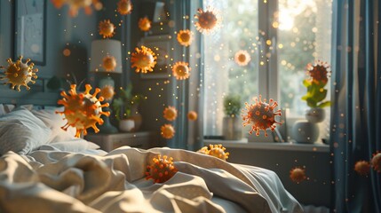 A bedroom with a large window and a bed. The bed is unmade and there are many virus particles in the air. - obrazy, fototapety, plakaty