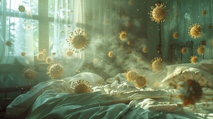 A cluster of virus particles floating in bedroom - obrazy, fototapety, plakaty