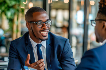 A young black man in a suit engages in focused business negotiations, demonstrating professionalism and confidence. Idea exchange and the pursuit of agreement. Generative AI.