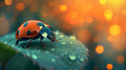 Radiant Ladybug on a Leaf with Glowing Orange Bokeh Background